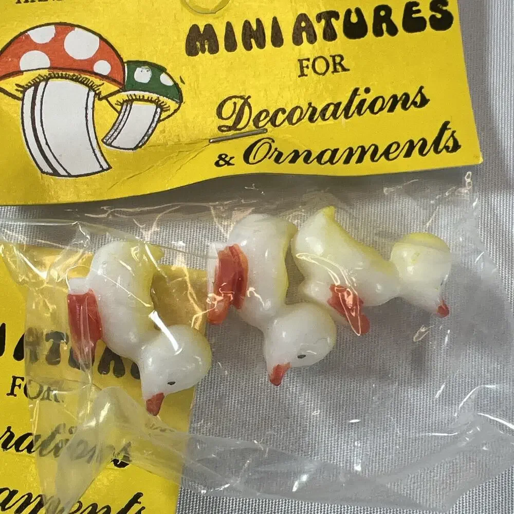 Vintage Hand Painted Duck Miniatures Set of 6 Plastic Yellow Ducklings Mini Tiny